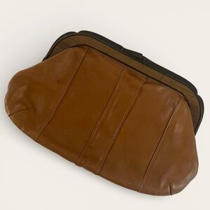 Vintage Leather Tan Clutch with faux Wood-Grain Trim.